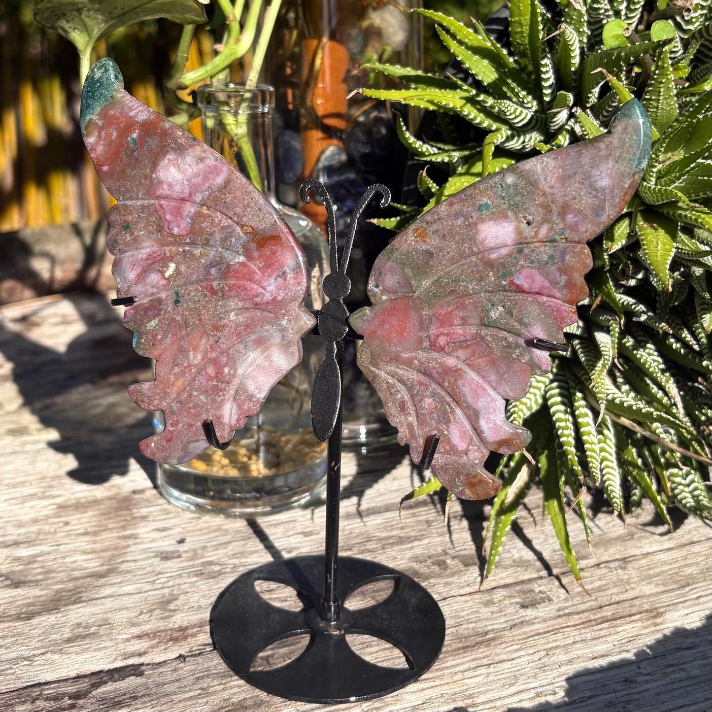 Ocean / Marine Jasper Carved Butterfly 0n Stand - 125 grams / 15 cm Tall