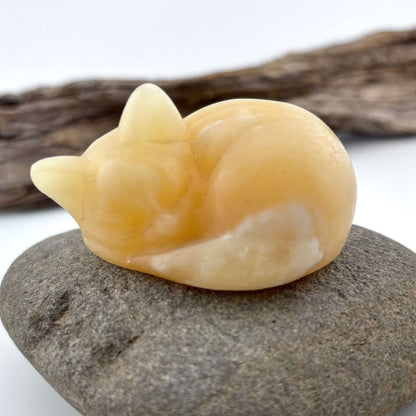 Yellow Calcite Carved Sleeping Cat - 102 grams / 5 cm