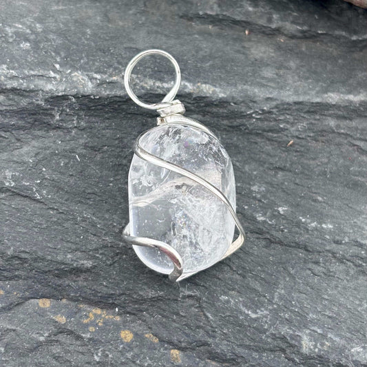 Clear Quartz Wire Wrapped Tumble Stone Pendant