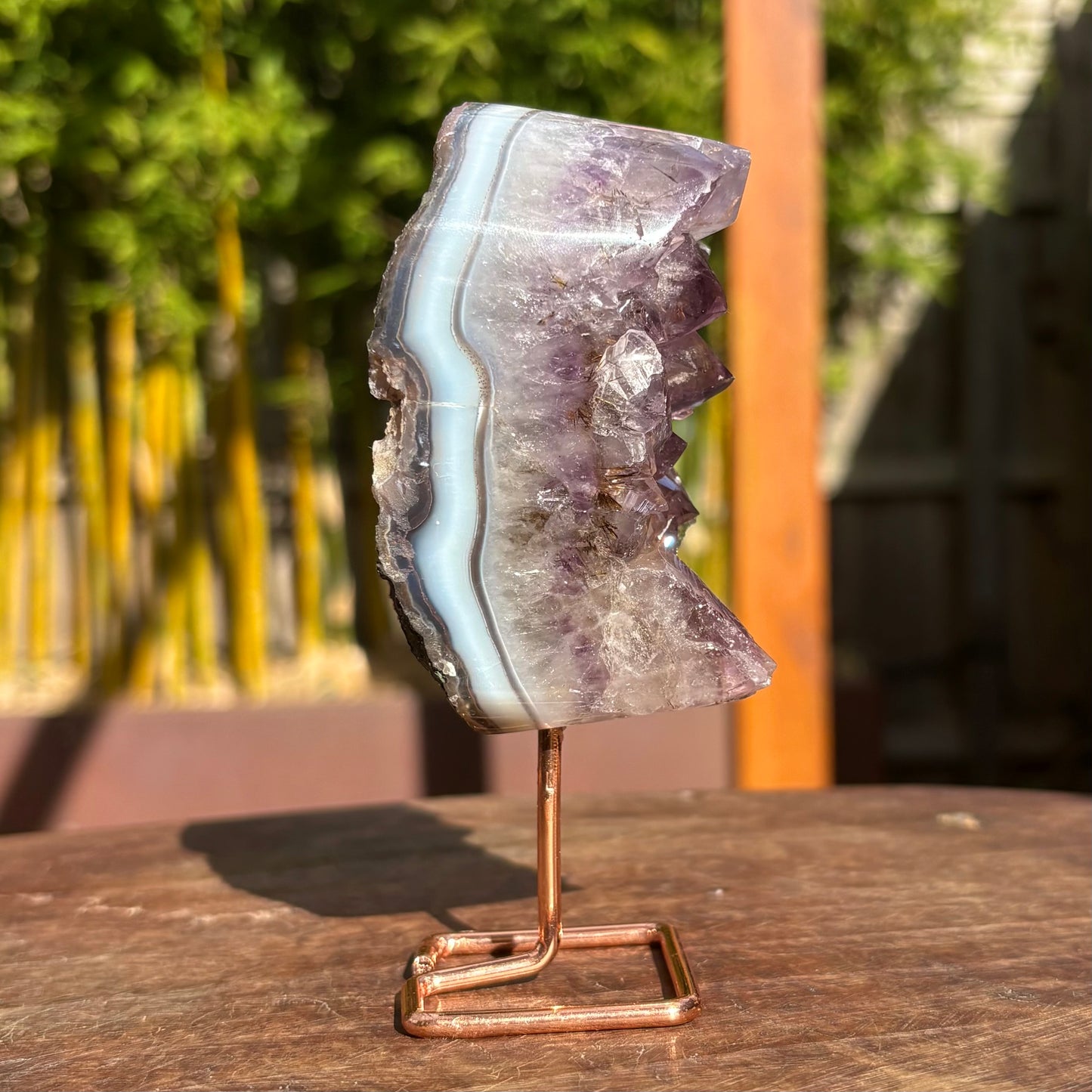 Unique Brazilian Amethyst w Agate Freeform Display Pc on stand - 265 grams