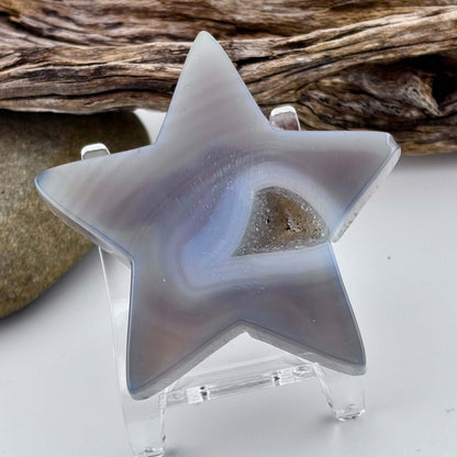 Carved Brazilian Natural Banded Grey Agate Druzy Star w stand - 61 grams / 6.5cm