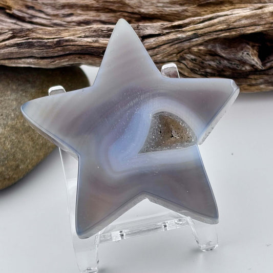 Carved Brazilian Natural Banded Grey Agate Druzy Star w stand - 61 grams / 6.5cm