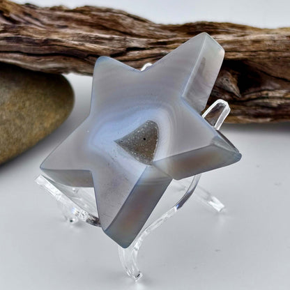 Carved Brazilian Natural Banded Grey Agate Druzy Star w stand - 61 grams / 6.5cm