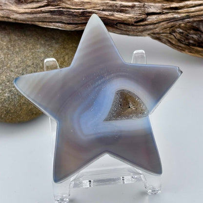 Carved Brazilian Natural Banded Grey Agate Druzy Star w stand - 61 grams / 6.5cm