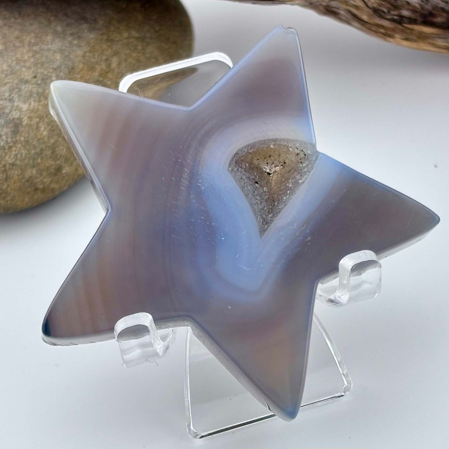 Carved Brazilian Natural Banded Grey Agate Druzy Star w stand - 61 grams / 6.5cm