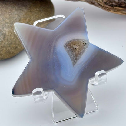 Carved Brazilian Natural Banded Grey Agate Druzy Star w stand - 61 grams / 6.5cm
