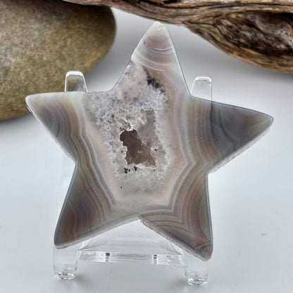 Carved Brazilian Natural Banded Grey Agate Druzy Star w stand - 61 grams / 7cm