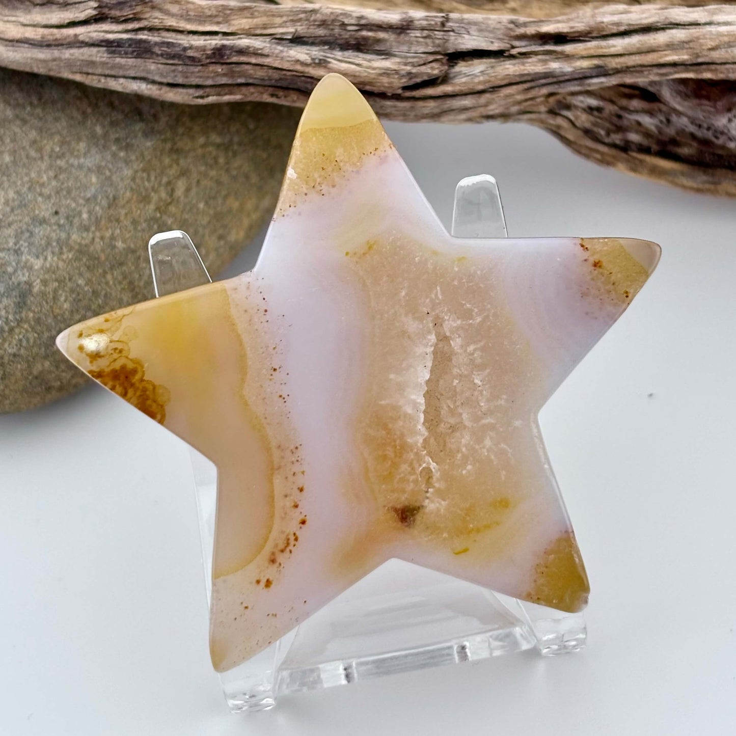 Carved Brazilian Natural Banded Yellow Agate Druzy Star w stand - 67 grams / 7cm