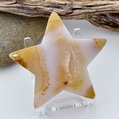 Carved Brazilian Natural Banded Yellow Agate Druzy Star w stand - 67 grams / 7cm
