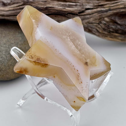 Carved Brazilian Natural Banded Yellow Agate Druzy Star w stand - 67 grams / 7cm