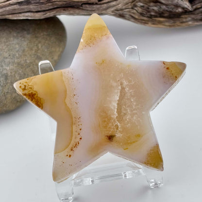 Carved Brazilian Natural Banded Yellow Agate Druzy Star w stand - 67 grams / 7cm