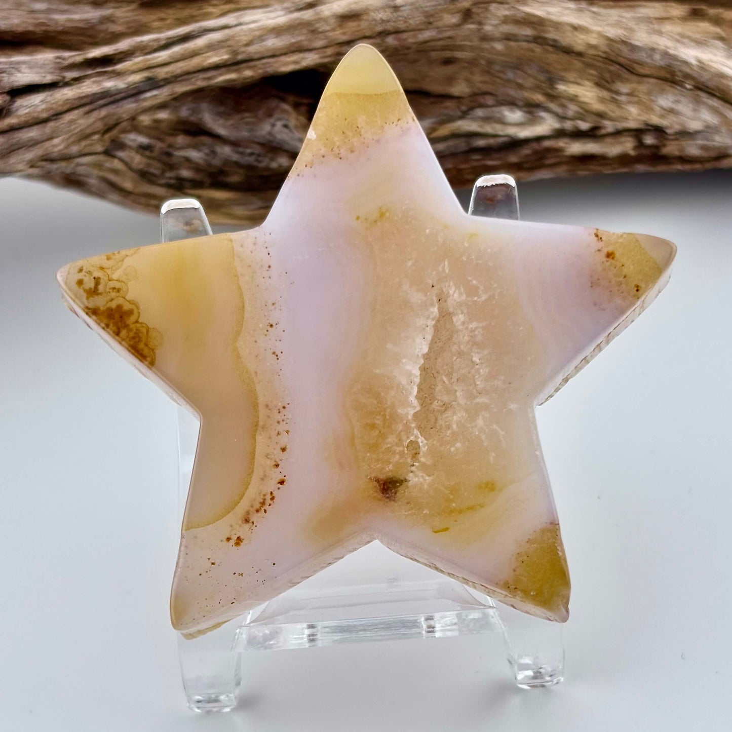 Carved Brazilian Natural Banded Yellow Agate Druzy Star w stand - 67 grams / 7cm
