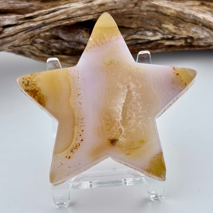 Carved Brazilian Natural Banded Yellow Agate Druzy Star w stand - 67 grams / 7cm