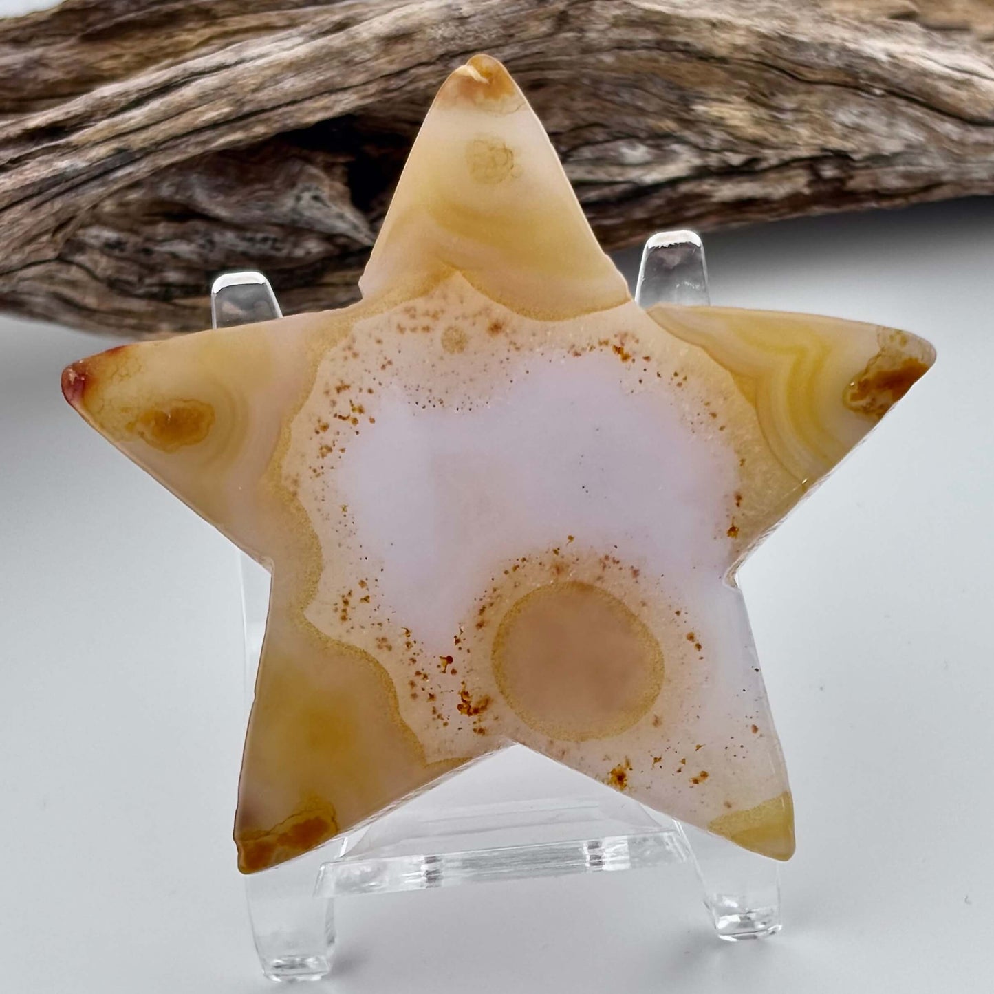 Carved Brazilian Natural Banded Yellow Agate Druzy Star w stand - 67 grams / 7cm
