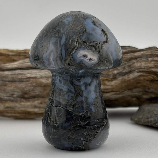 Decorative stone mushroom with a natural wood background
