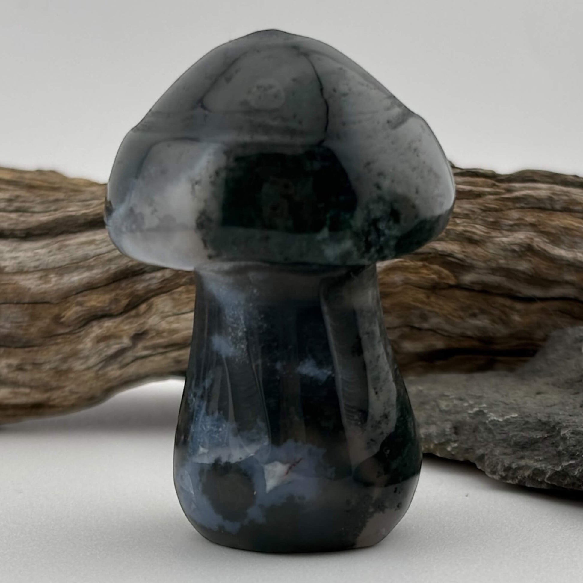 Black and gray stone mushroom sculpture on a neutral background