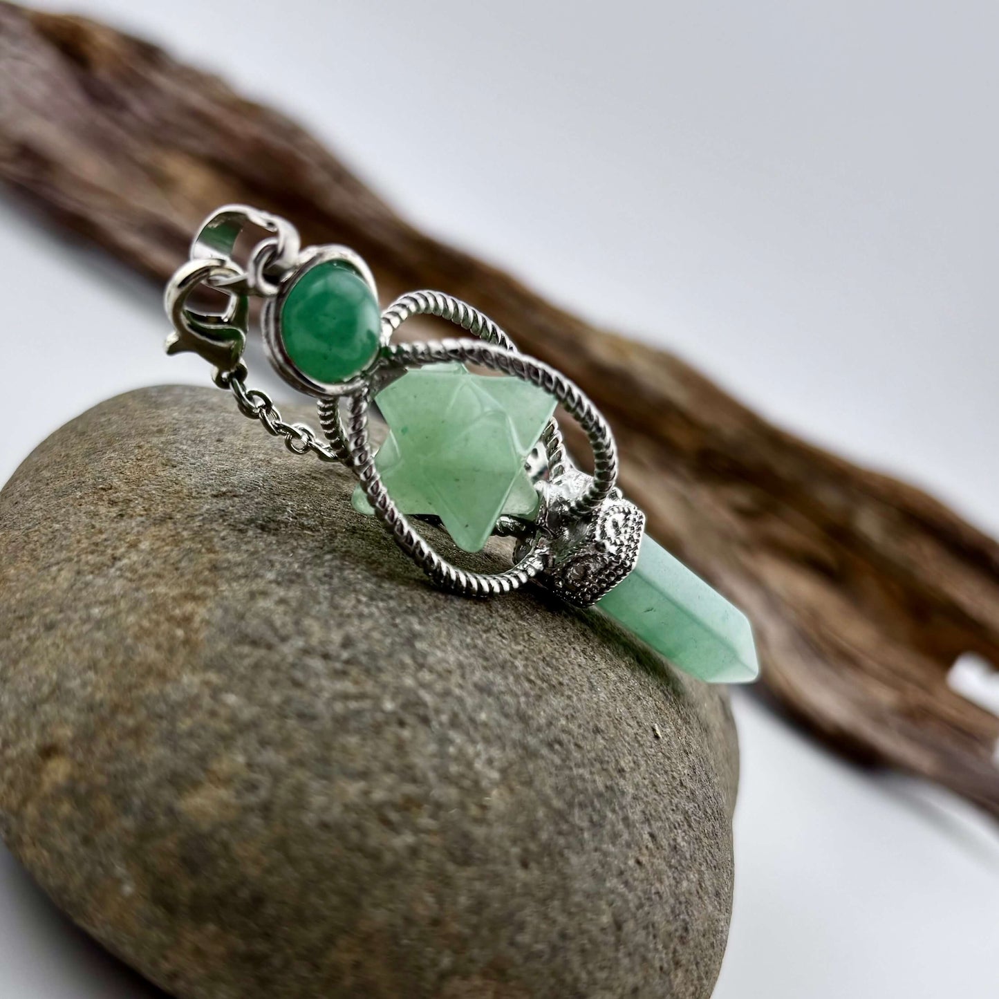 Green Aventurine Terminator & Merkaba Pendulum - Reiki / Healing w gift pouch