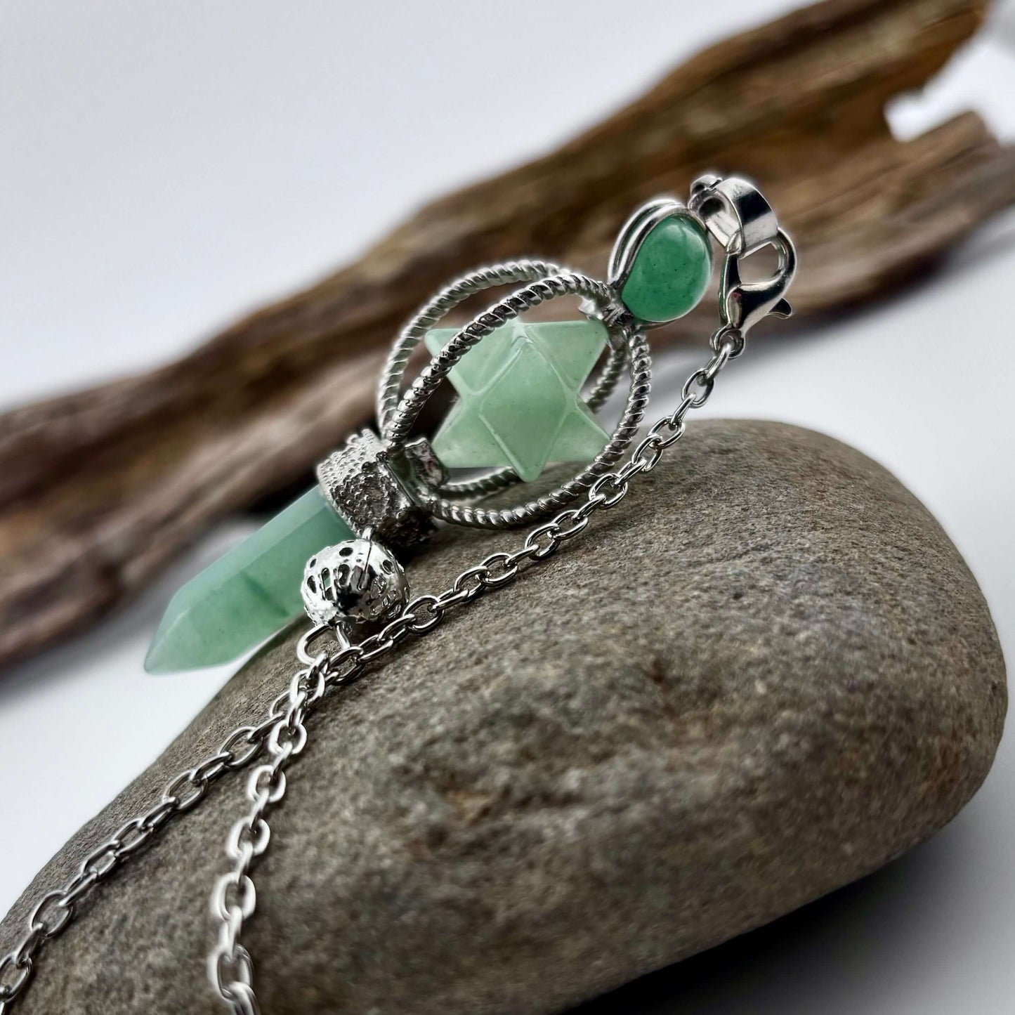 Green Aventurine Terminator & Merkaba Pendulum - Reiki / Healing w gift pouch