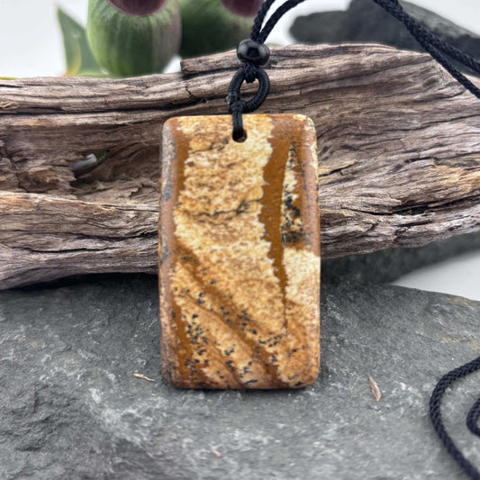 Rectangle Cabochon Picture Jasper Pendant on Rope