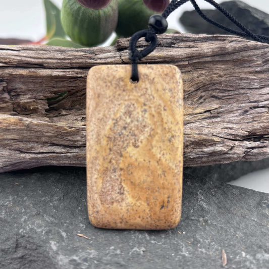 Rectangle Cabochon Picture Jasper Pendant on Rope