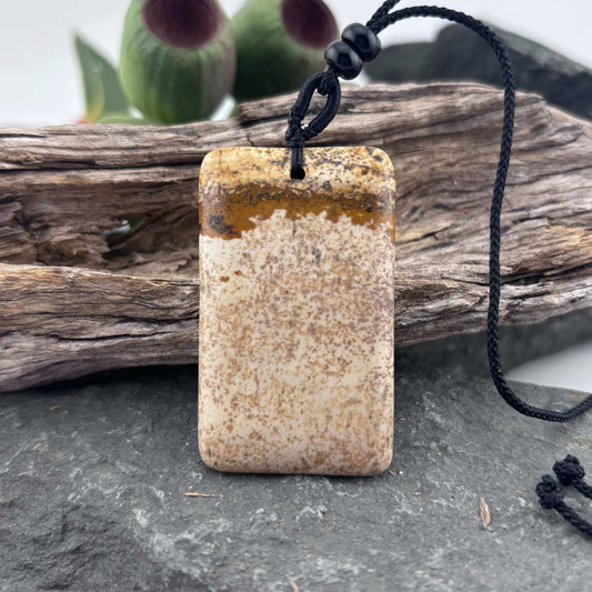 Rectangle Cabochon Picture Jasper Pendant on Rope