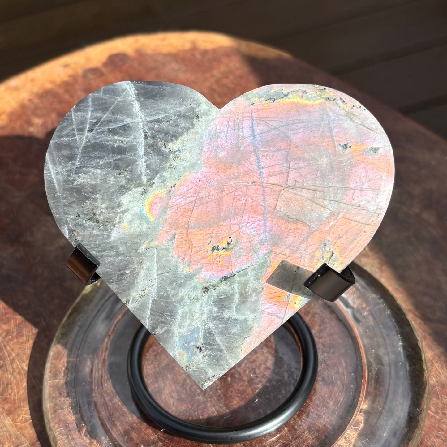 Labradorite Carved Heart  w black stand - 200 grams