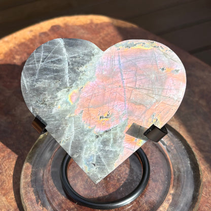 Labradorite Carved Heart  w black stand - 200 grams