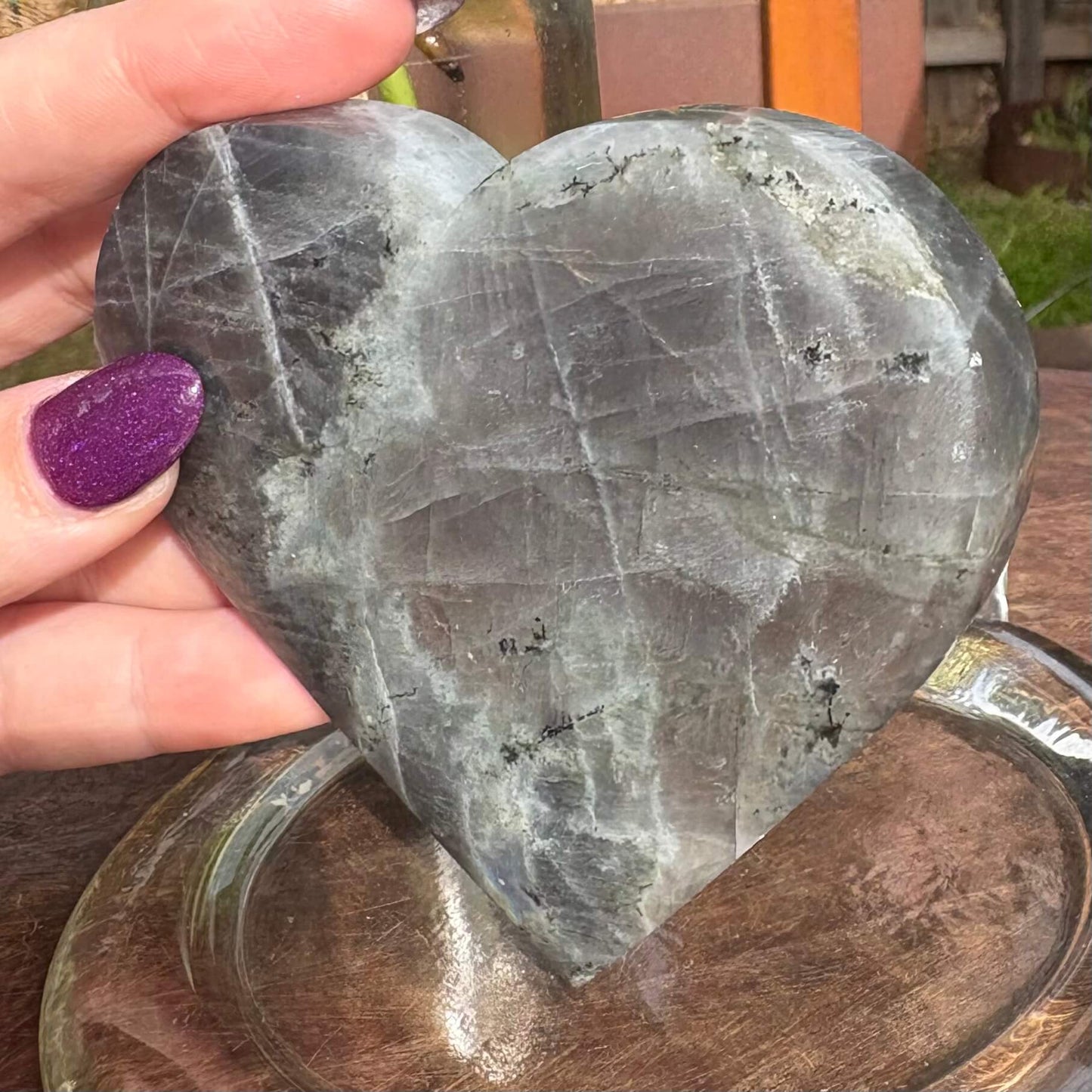 Labradorite Carved Heart  w black stand - 200 grams