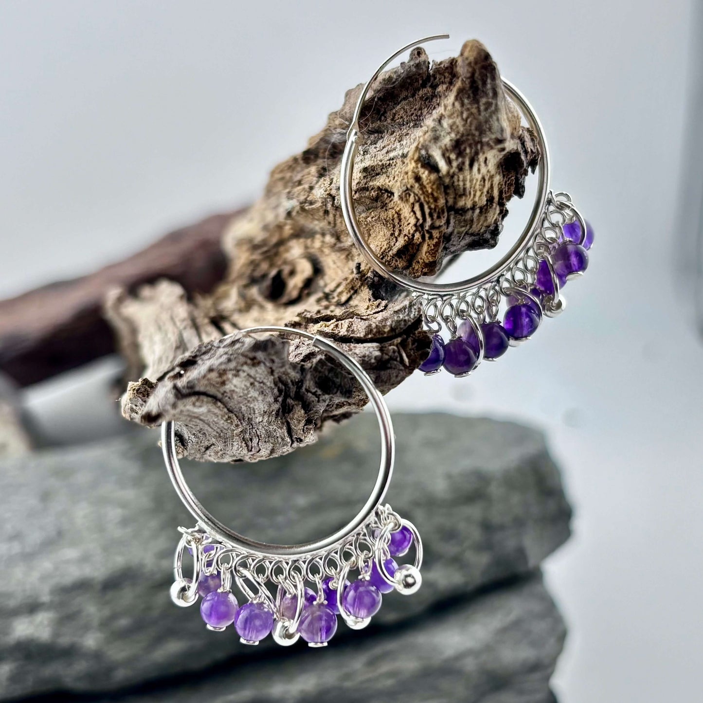 Amethyst Beaded Hoop Earrings - Sterling Silver .925
