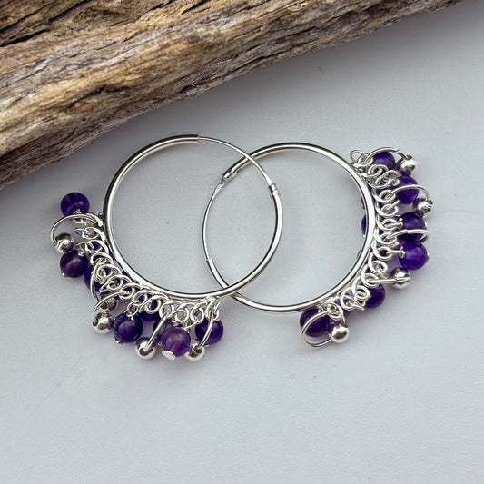Amethyst Beaded Hoop Earrings - Sterling Silver .925