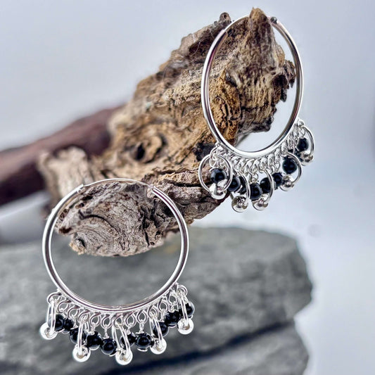 Black Onyx Beaded Hoop Earrings - Sterling Silver .925