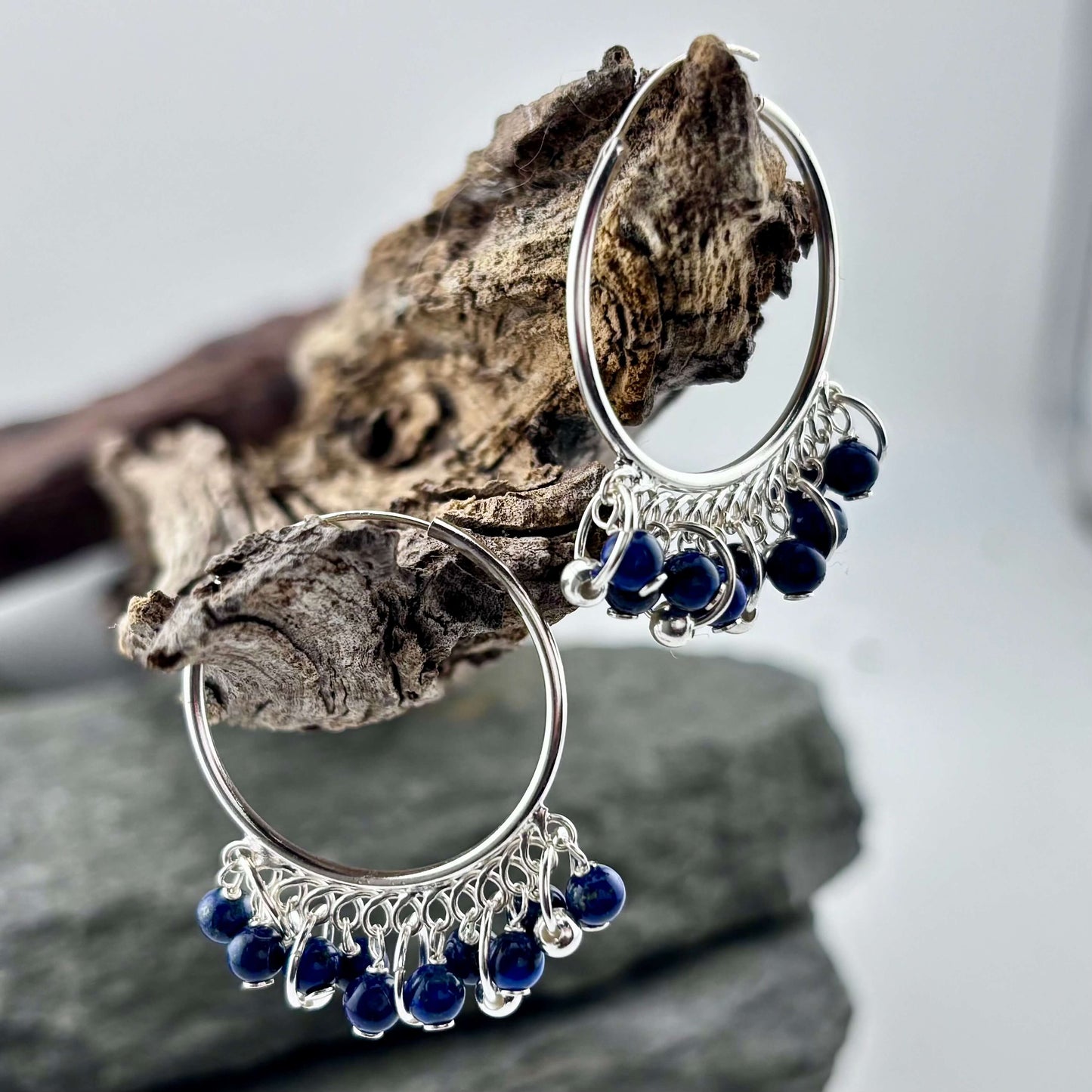 Lapis Lazuli Beaded Hoop Earrings - Sterling Silver .925