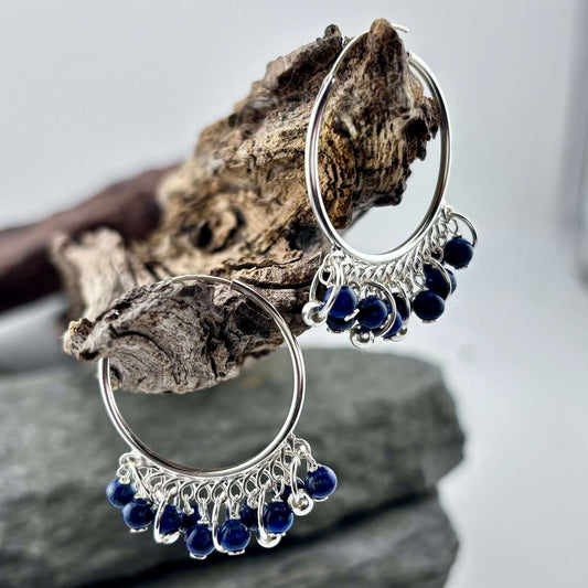 Lapis Lazuli Beaded Hoop Earrings - Sterling Silver .925