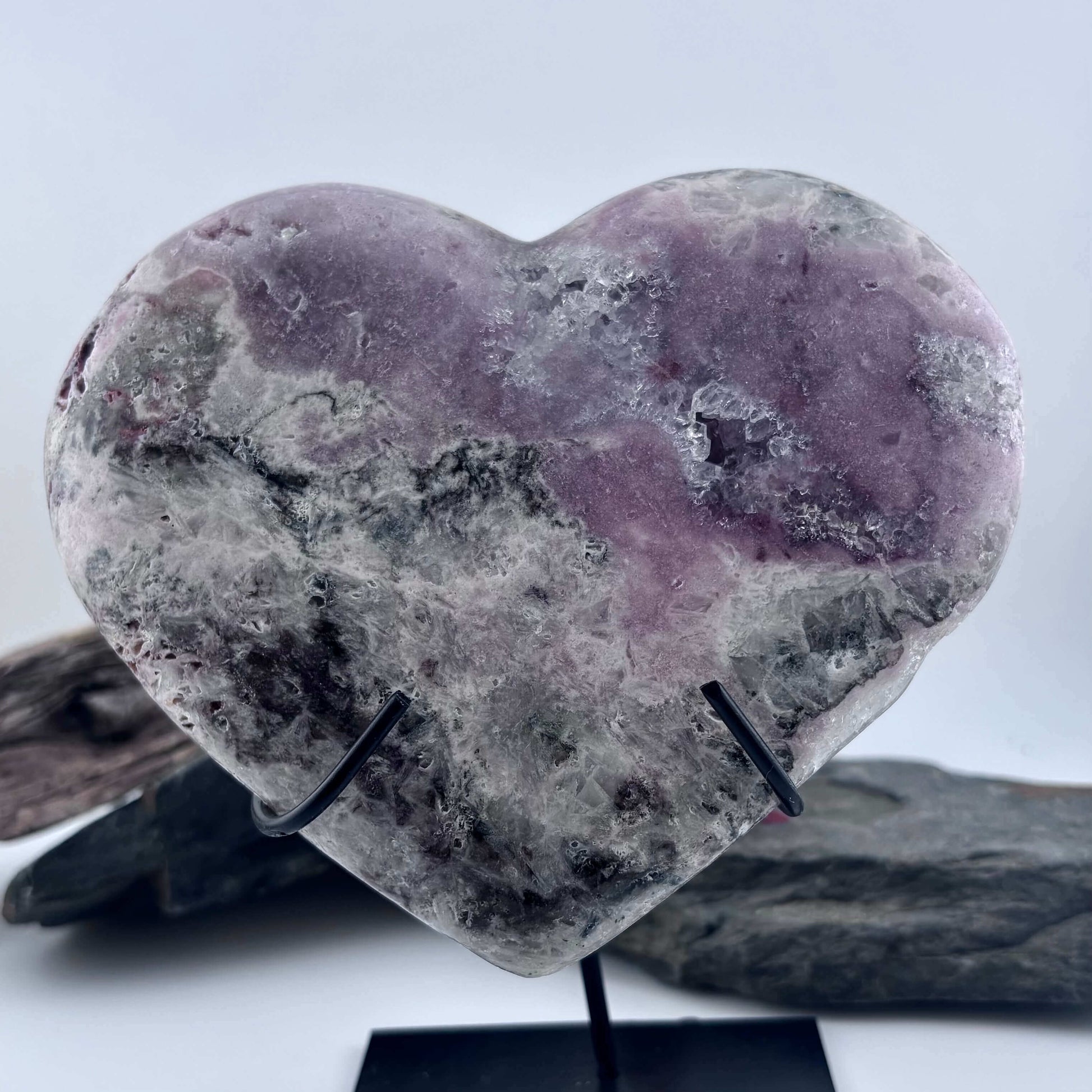 Large Brazilian Pink Amethyst Druzy Polished Heart on Stand - 670 grams / 16 cms