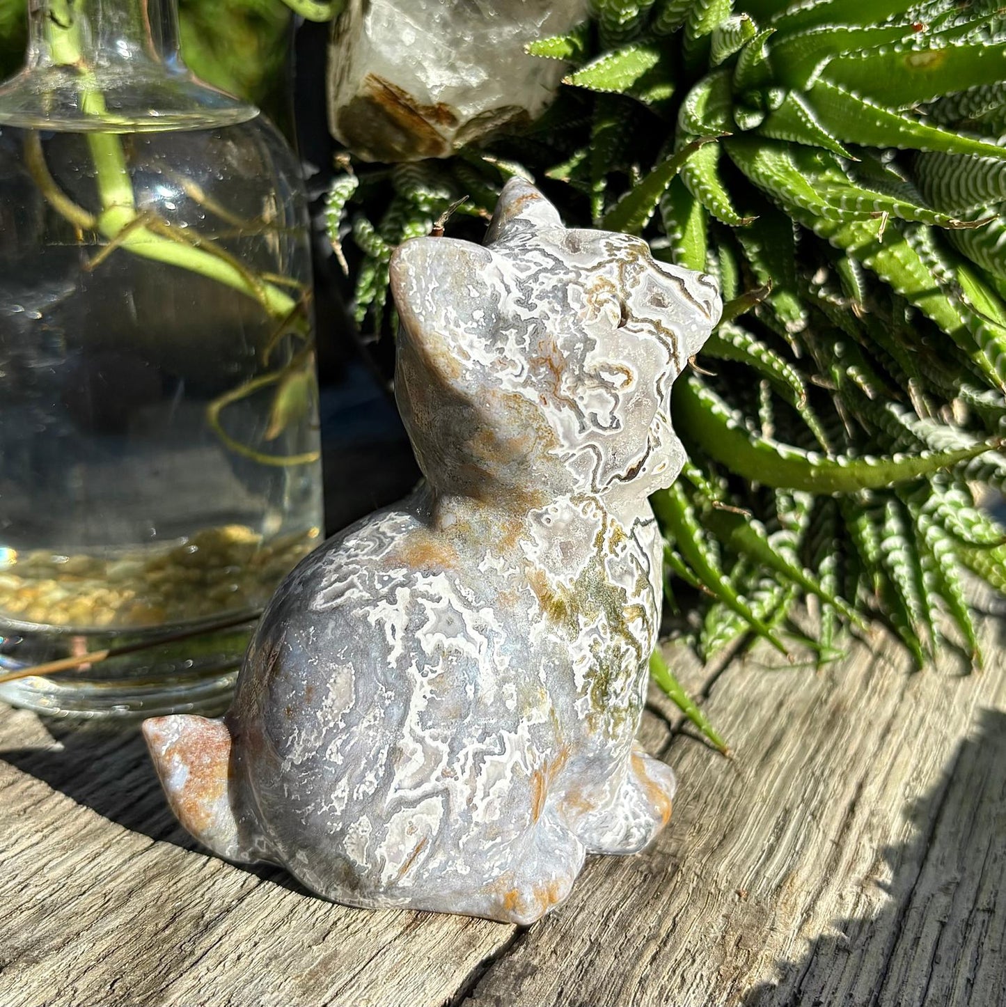 Moss Agate BIG Carved Meowing Cat - 452 grams / 10 cm Tall