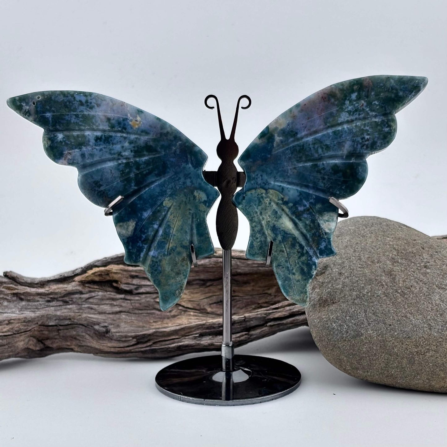 Moss Agate Carved Butterfly 0n Stand - 106 grams / 13 cm Tall