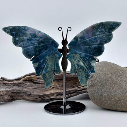Moss Agate Carved Butterfly 0n Stand - 106 grams / 13 cm Tall