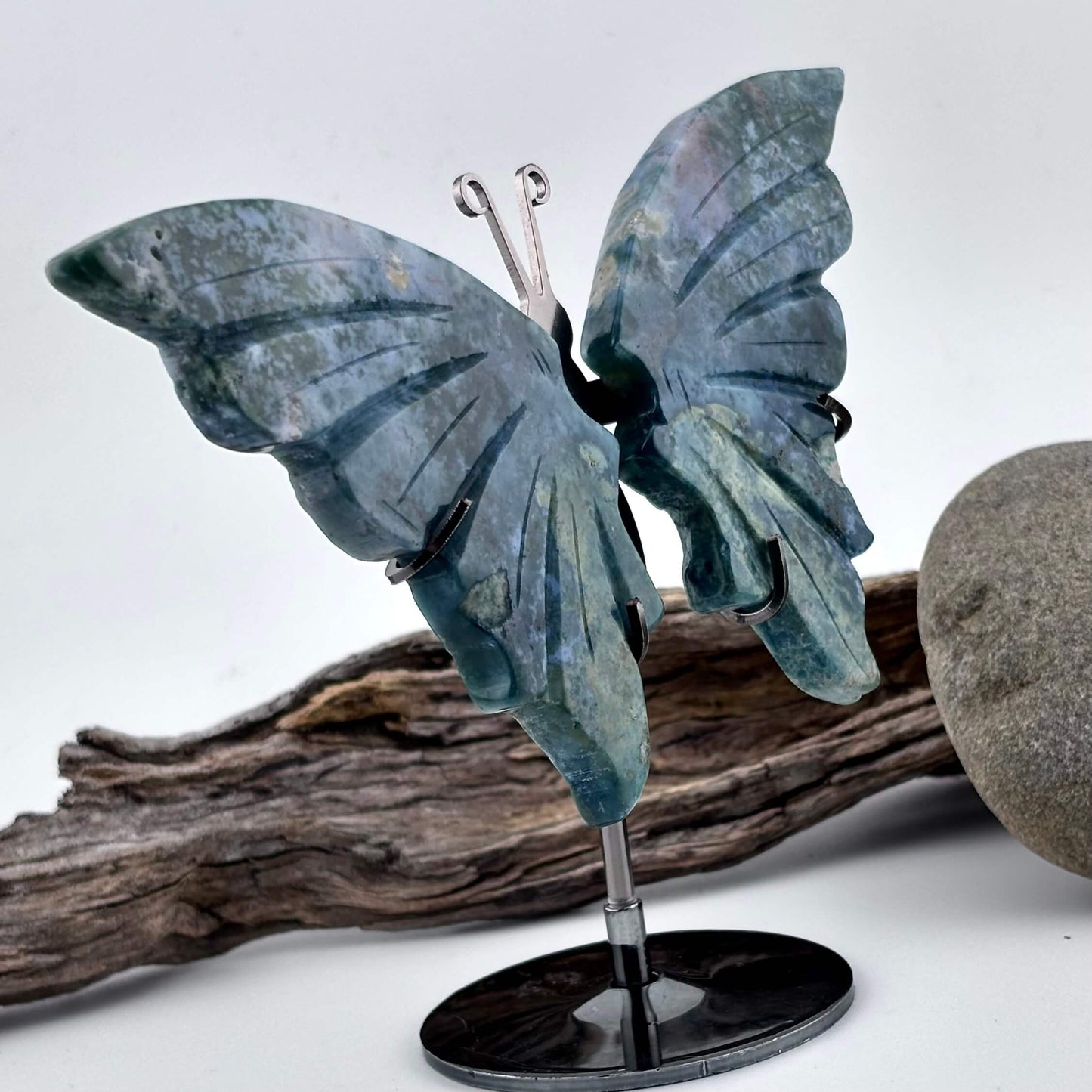 Moss Agate Carved Butterfly 0n Stand - 106 grams / 13 cm Tall