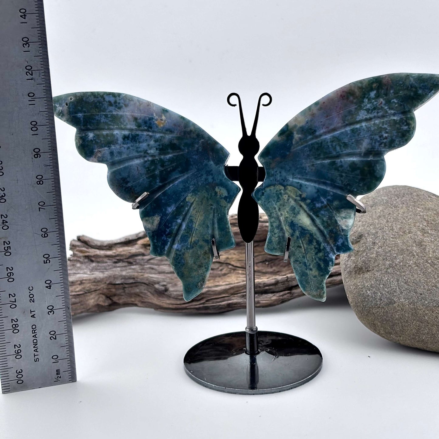 Moss Agate Carved Butterfly 0n Stand - 106 grams / 13 cm Tall