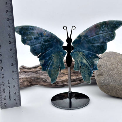 Moss Agate Carved Butterfly 0n Stand - 106 grams / 13 cm Tall