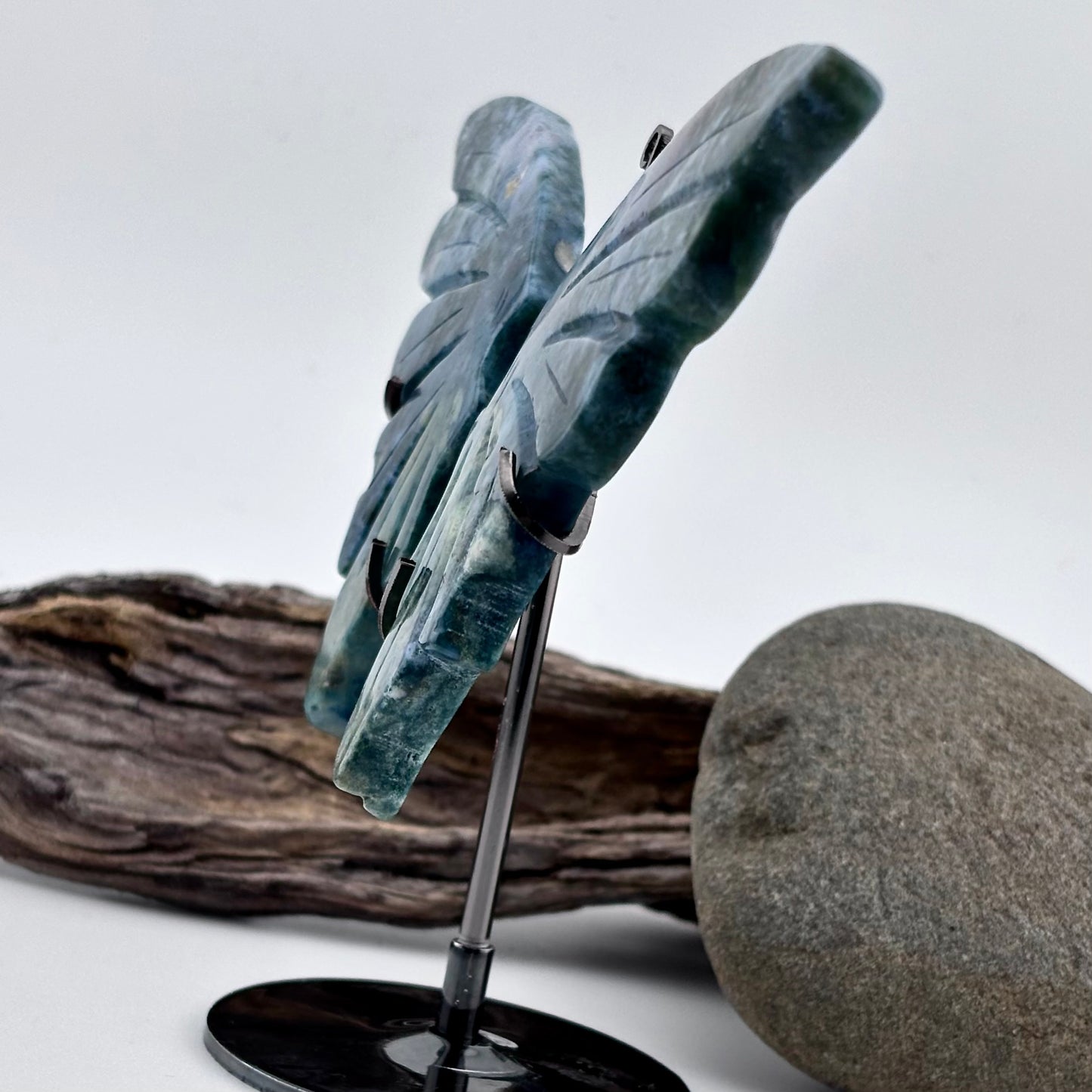 Moss Agate Carved Butterfly 0n Stand - 106 grams / 13 cm Tall