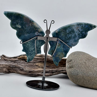 Moss Agate Carved Butterfly 0n Stand - 106 grams / 13 cm Tall
