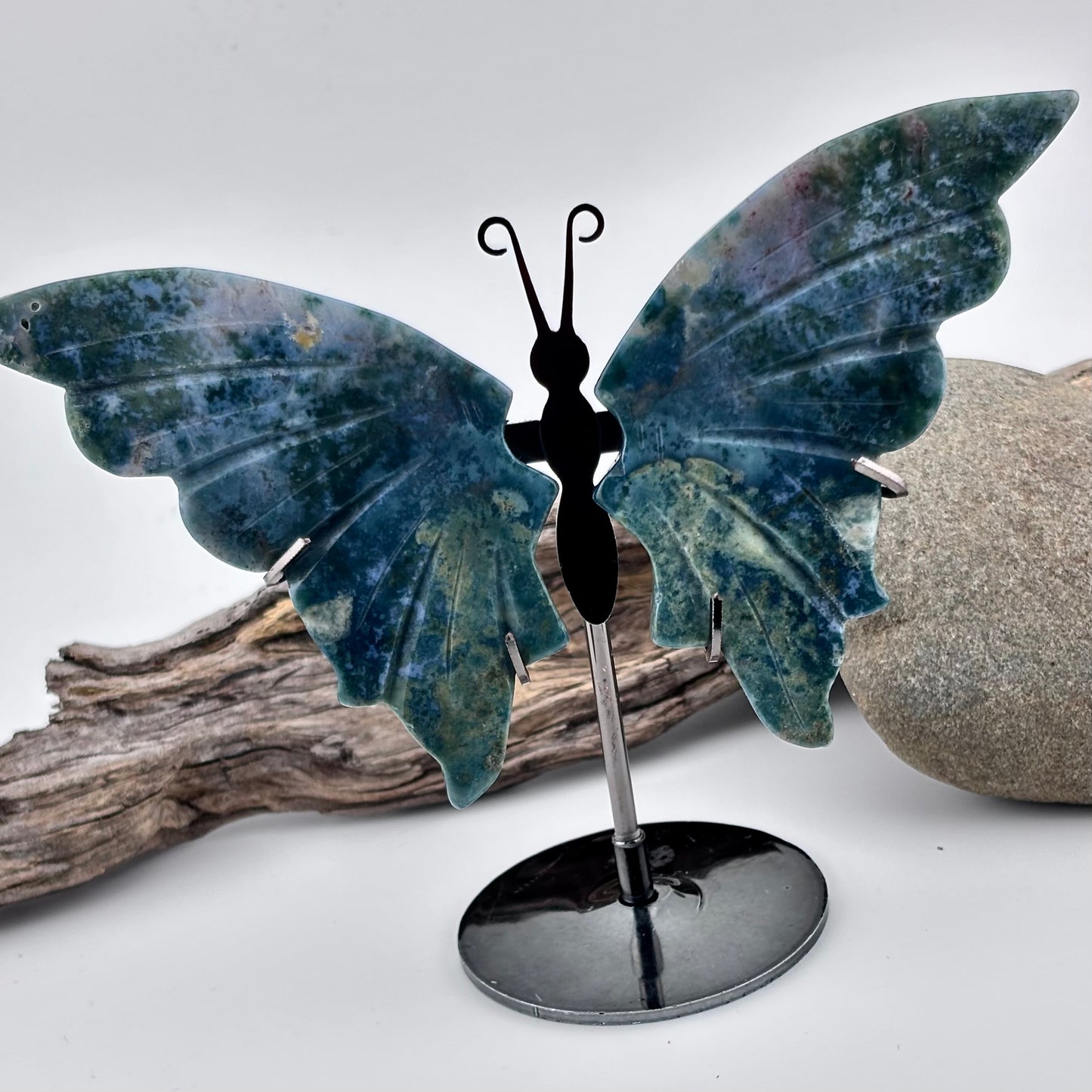 Moss Agate Carved Butterfly 0n Stand - 106 grams / 13 cm Tall