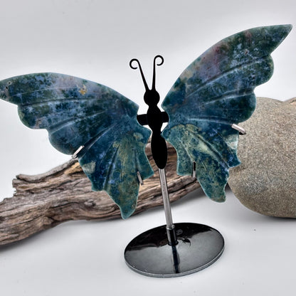 Moss Agate Carved Butterfly 0n Stand - 106 grams / 13 cm Tall