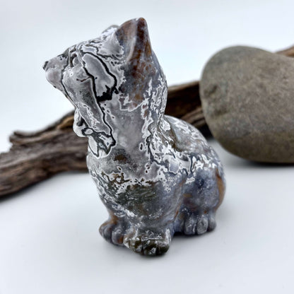 Moss Agate BIG Carved Meowing Cat - 452 grams / 10 cm Tall