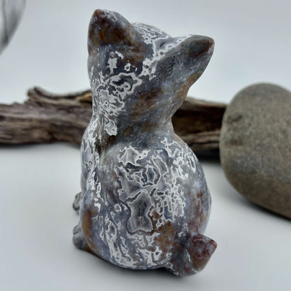 Moss Agate BIG Carved Meowing Cat - 452 grams / 10 cm Tall