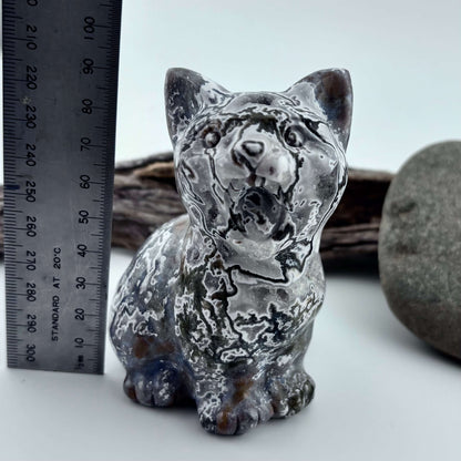 Moss Agate BIG Carved Meowing Cat - 452 grams / 10 cm Tall