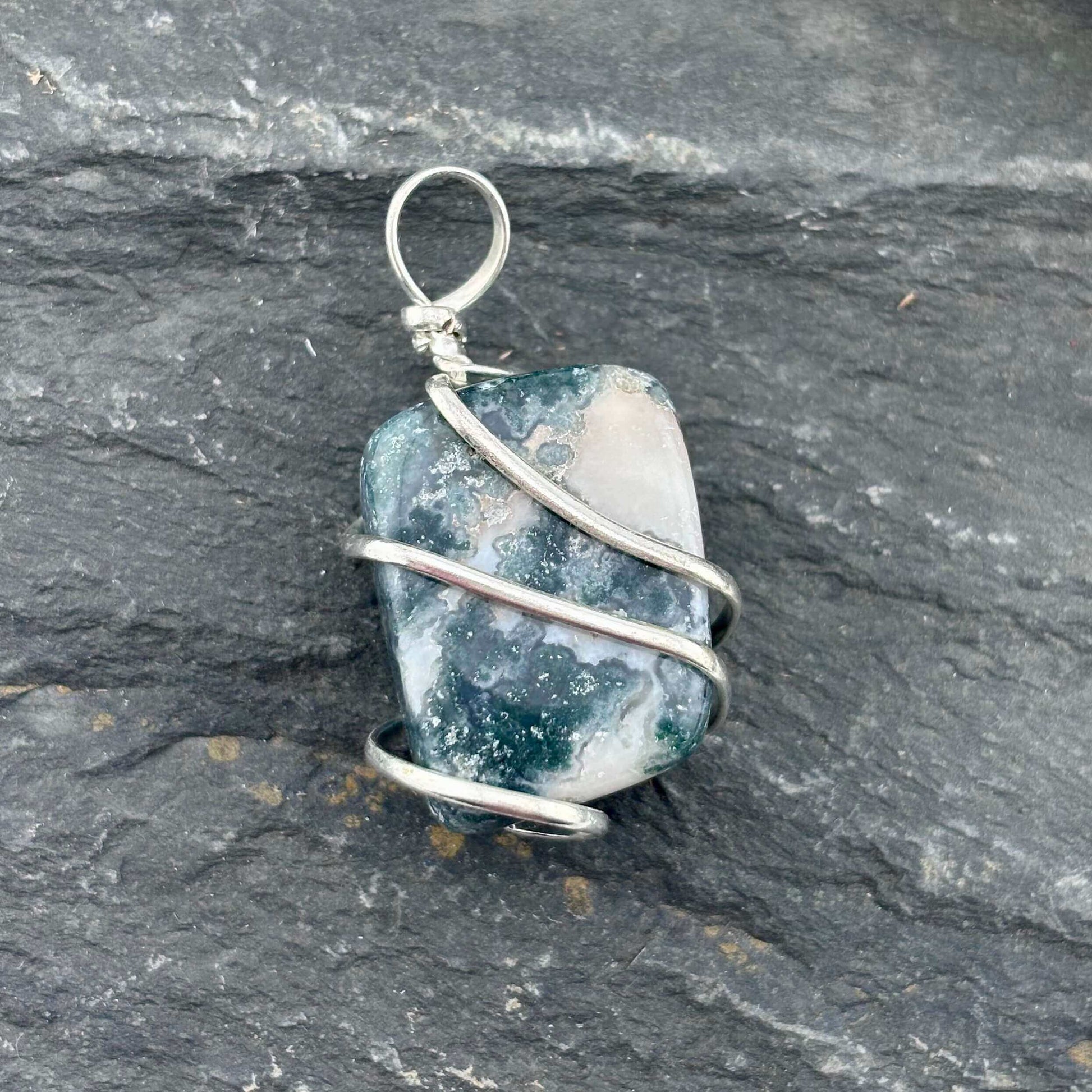 Moss Agate Wire Wrapped Tumble Stone Pendant