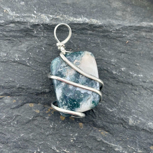 Moss Agate Wire Wrapped Tumble Stone Pendant