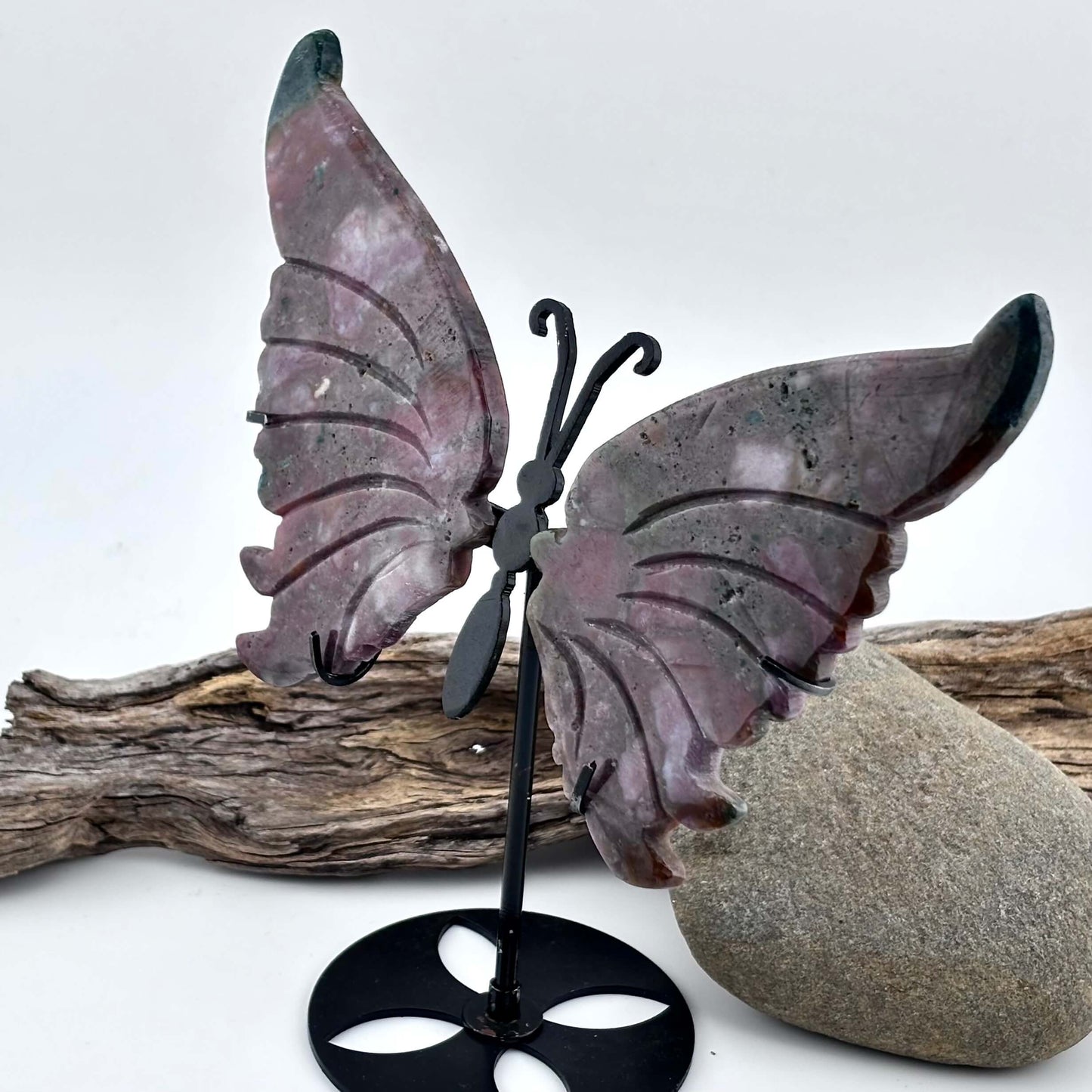 Ocean / Marine Jasper Carved Butterfly 0n Stand - 125 grams / 15 cm Tall
